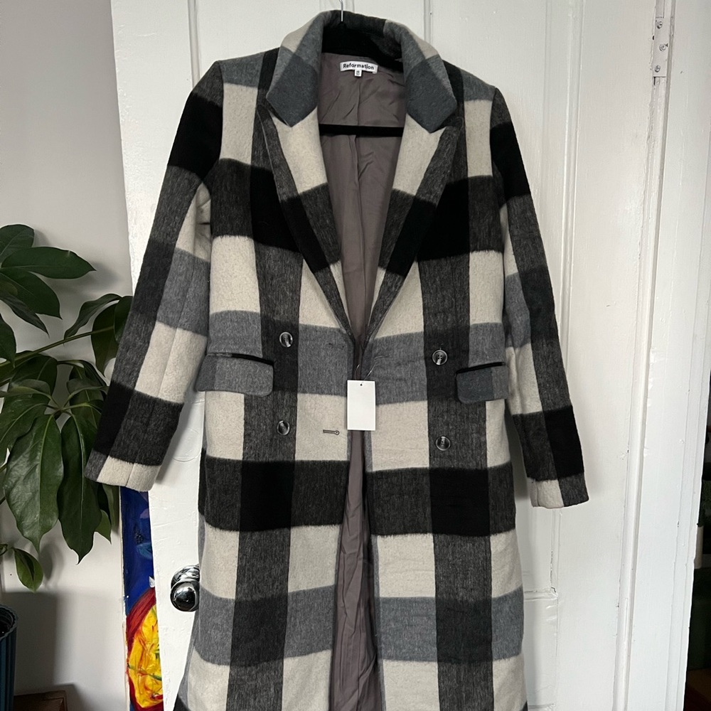 Reformation York Coat in Light Grey Plaid